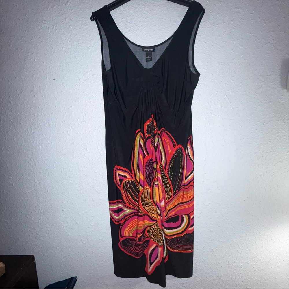 Lane Bryant Black Dress with Bold Pink and Orange Floral Design